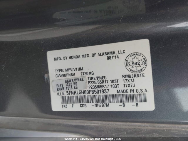 5FNRL5H60FB501937 Honda Odyssey Ex-l