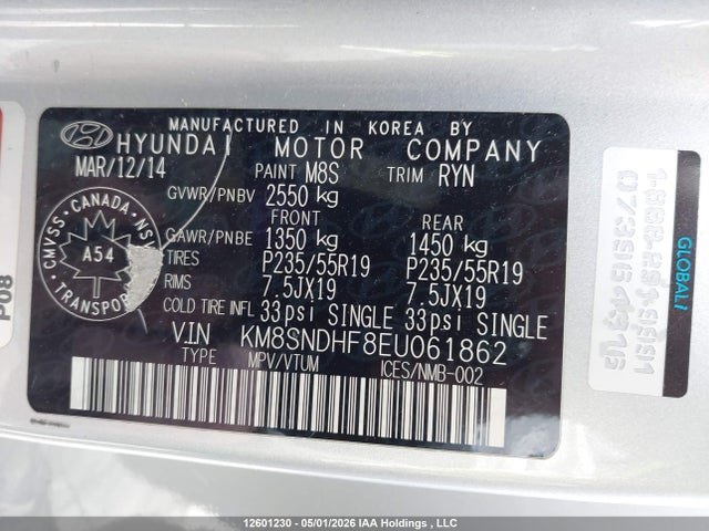 2014 Hyundai Santa Fe Xl Limited მანქანა იყიდება აუქციონზე, vin: KM8SNDHF8EU061862, აუქციონის ნომერი: 12601230