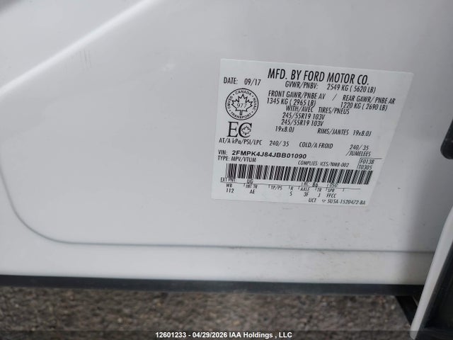 Продаж на аукціоні авто 2018 Ford Edge Sel, vin: 2FMPK4J84JBB01090, номер лоту: 12601233