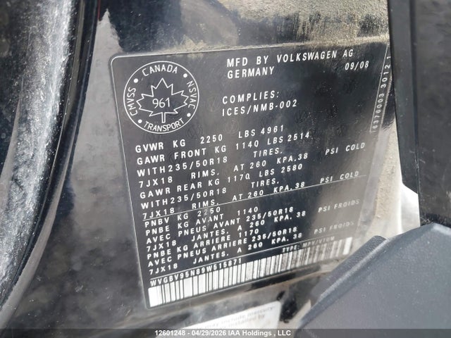 2009 Volkswagen Tiguan Se/sel მანქანა იყიდება აუქციონზე, vin: WVGBV95N89W515871, აუქციონის ნომერი: 12601248