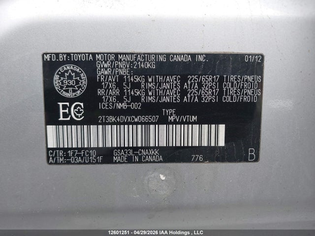 12601251 :رقم المزاد ، 2T3BK4DVXCW066507 vin ، 2012 Toyota Rav4 Base V6 مزاد بيع