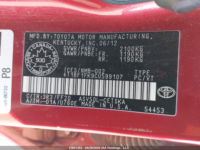 Продаж на аукціоні авто 2012 Toyota Camry Se, vin: 4T1BF1FK9CU599107, номер лоту: 12601252