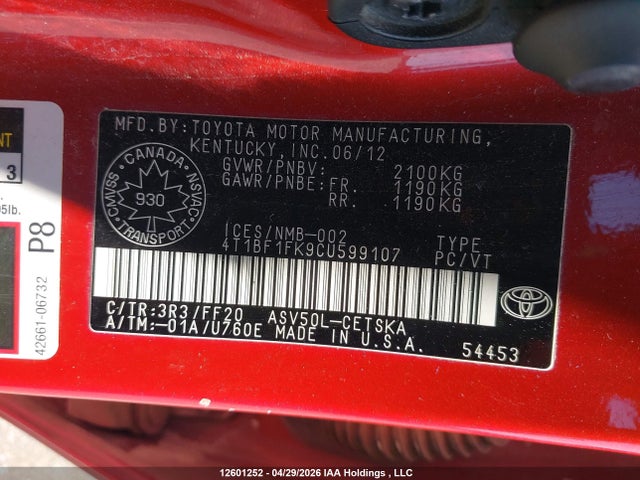 Продаж на аукціоні авто 2012 Toyota Camry Se, vin: 4T1BF1FK9CU599107, номер лоту: 12601252