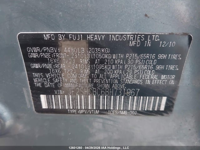 Продаж на аукціоні авто 2011 Subaru Forester, vin: JF2SHCBC6BH731967, номер лоту: 12601260