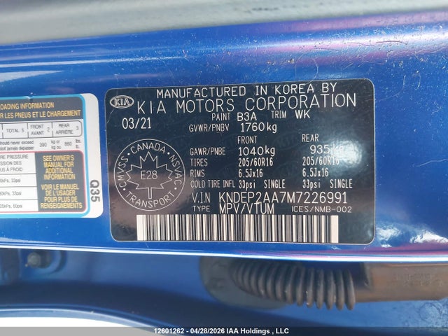 12601262 :رقم المزاد ، KNDEP2AA7M7226991 vin ، 2021 Kia Seltos Lx مزاد بيع