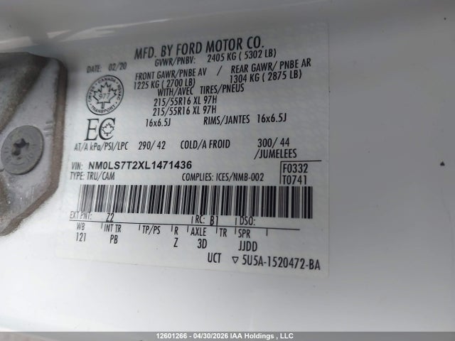 Продажа на аукционе авто 2020 Ford Transit Connect Xlt, vin: NM0LS7T2XL1471436, номер лота: 12601266