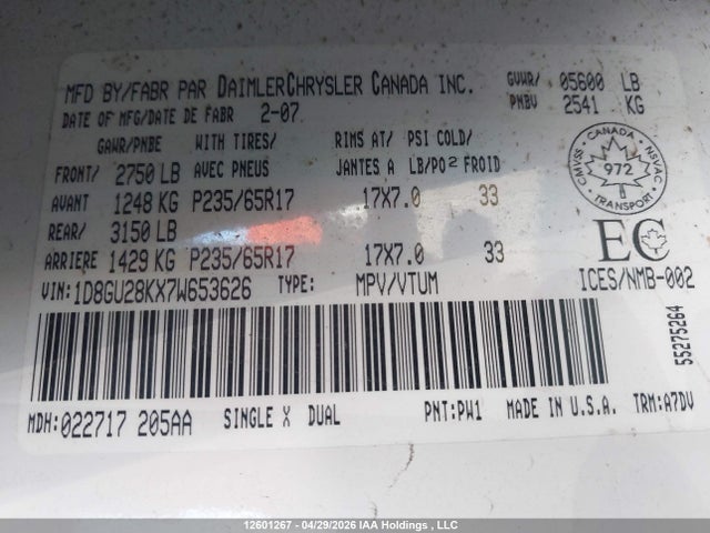 12601267 :رقم المزاد ، 1D8GU28KX7W653626 vin ، 2007 Dodge Nitro Sxt مزاد بيع