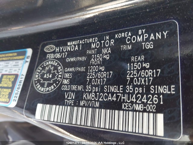 Aukcja sprzedaży 2017 Hyundai Tucson Se, vin: KM8J2CA47HU424261, numer aukcji: 12601271