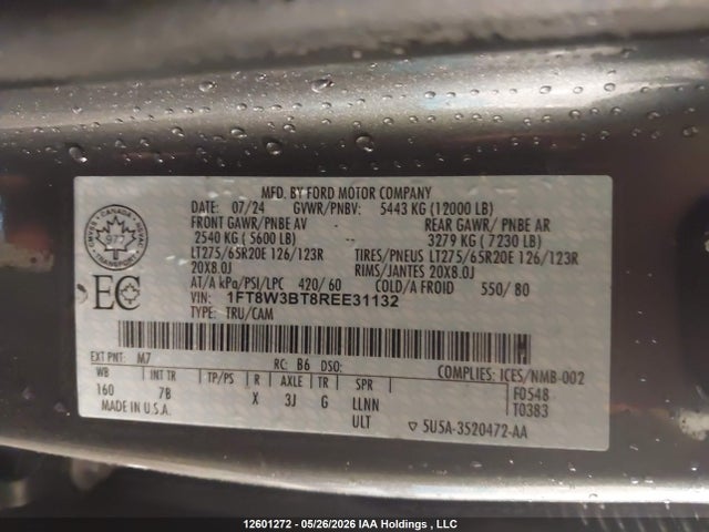 2024 Ford F350 Super Duty მანქანა იყიდება აუქციონზე, vin: 1FT8W3BT8REE31132, აუქციონის ნომერი: 12601272