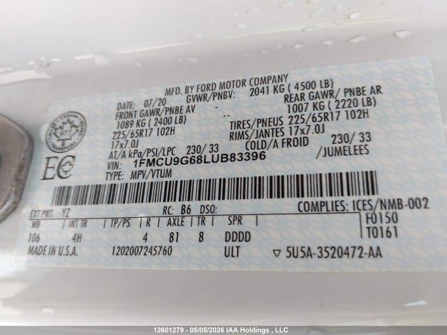 1FMCU9G68LUB83396 Ford ESCAPE SE