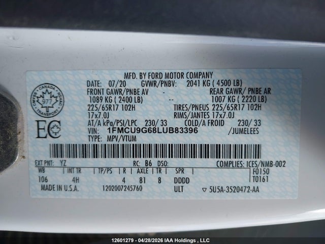 1FMCU9G68LUB83396 Ford ESCAPE SE