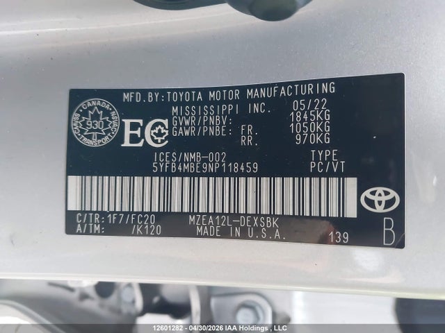 2022 Toyota Corolla მანქანა იყიდება აუქციონზე, vin: 5YFB4MBE9NP118459, აუქციონის ნომერი: 12601282