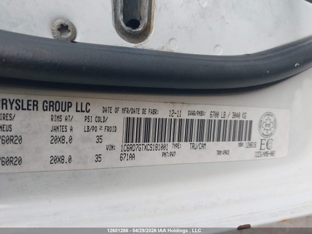 2012 Dodge Ram 1500 Slt მანქანა იყიდება აუქციონზე, vin: 1C6RD7GTXCS181001, აუქციონის ნომერი: 12601286