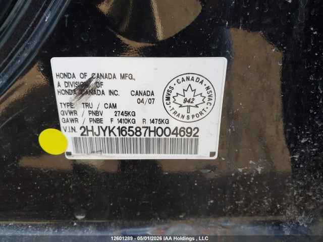 12601289 :رقم المزاد ، 2HJYK16587H004692 vin ، 2007 Honda Ridgeline Rtl مزاد بيع