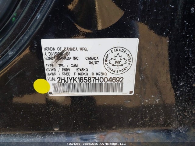 12601289 :رقم المزاد ، 2HJYK16587H004692 vin ، 2007 Honda Ridgeline Rtl مزاد بيع