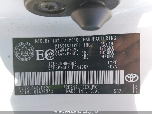 12601293 :رقم المزاد ، 5YFBPRBE7LP014067 vin ، 2020 Toyota Corolla مزاد بيع