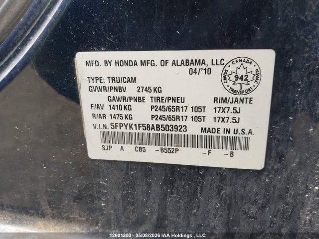 Aukcja sprzedaży 2010 Honda Ridgeline Ex-l/vp, vin: 5FPYK1F58AB503923, numer aukcji: 12601300