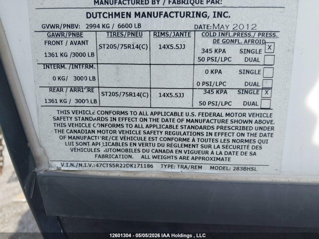 2013 Dutchmen Kodiak მანქანა იყიდება აუქციონზე, vin: 17CTS5R22DK171186, აუქციონის ნომერი: 12601304