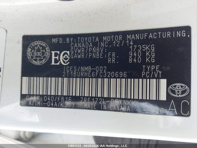 Продаж на аукціоні авто 2015 Toyota Corolla Le, vin: 2T1BURHE6FC320696, номер лоту: 12601312