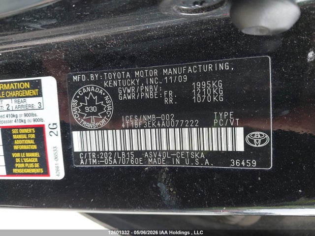 2010 Toyota Camry Se მანქანა იყიდება აუქციონზე, vin: 4T1BF3EK4AU077222, აუქციონის ნომერი: 12601332