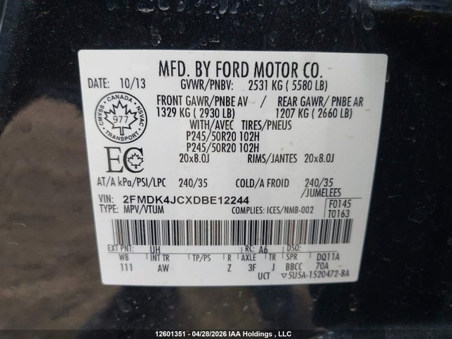 12601351 :رقم المزاد ، 2FMDK4JCXDBE12244 vin ، 2013 Ford Edge Sel مزاد بيع