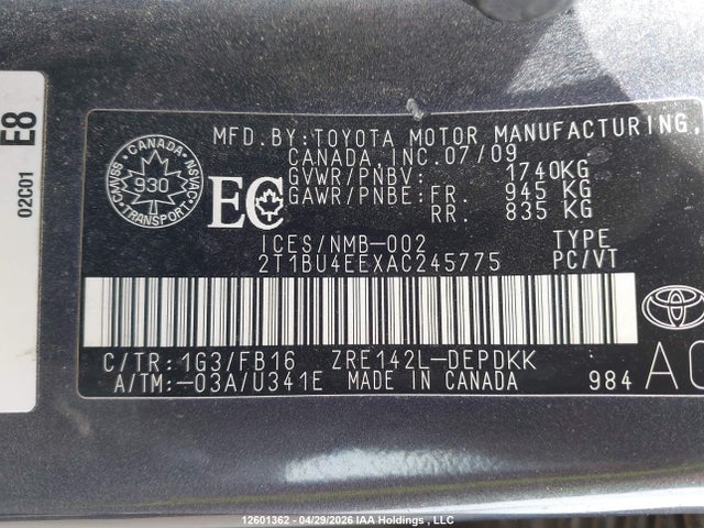 12601362 :رقم المزاد ، 2T1BU4EEXAC245775 vin ، 2010 Toyota Corolla S/le/xle مزاد بيع