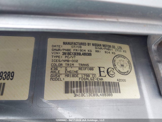 Aukcja sprzedaży 2009 Nissan Versa 1.8sl, vin: 3N1BC13E89L489389, numer aukcji: 12589662