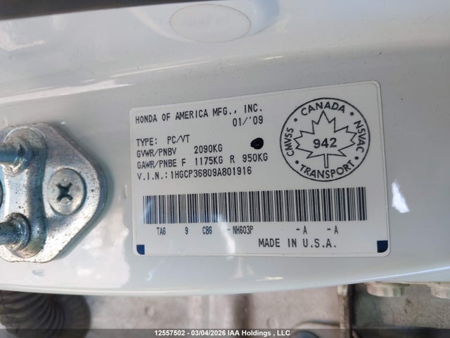 Продажа на аукционе авто 2009 Honda Accord Ex-l V6, vin: 1HGCP36809A801916, номер лота: 12557502