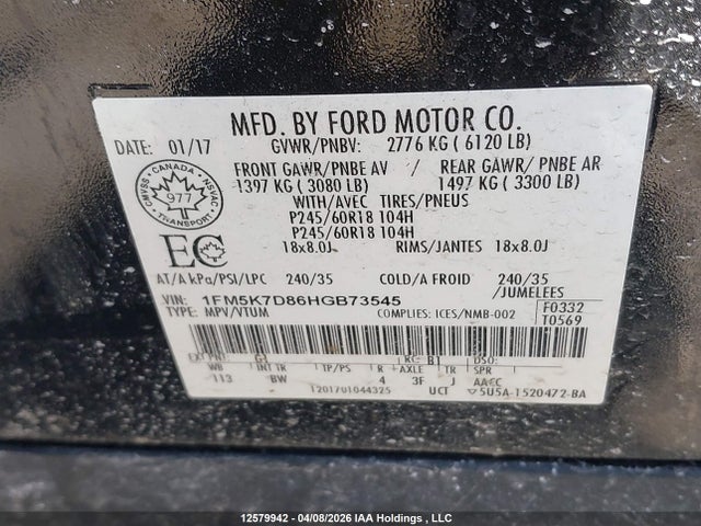 1FM5K7D86HGB73545 Ford EXPLORER XLT