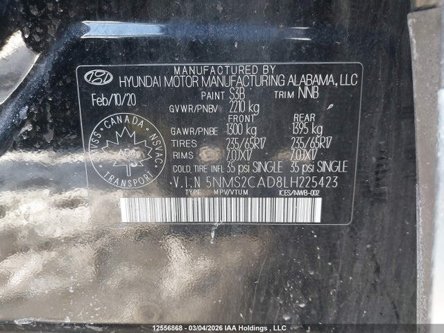 Продаж на аукціоні авто 2020 Hyundai Santa Fe Essential Awd With Smartsense Package, vin: 5NMS2CAD8LH225423, номер лоту: 12556868
