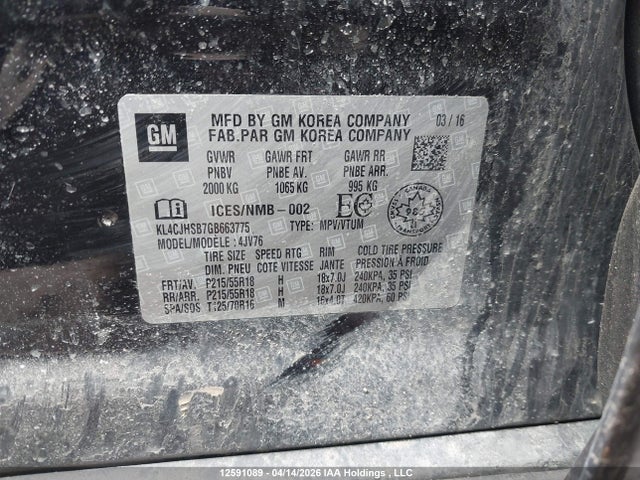 Продаж на аукціоні авто 2016 Buick Encore Premium, vin: KL4CJHSB7GB663775, номер лоту: 12591089