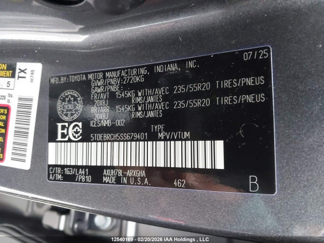 12540169 :رقم المزاد ، 5TDEBRCH5SS679401 vin ، 2025 Toyota Highlander Hybrid Limited مزاد بيع