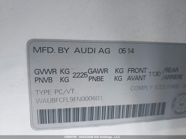 Продажа на аукционе авто 2015 Audi A4 2.0t Komfort Plus, vin: WAUBFCFL9FN000601, номер лота: 12595785