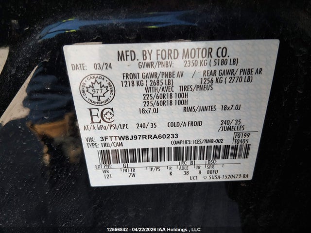 12556842 :رقم المزاد ، 3FTTW8J97RRA60233 vin ، 2024 Ford Maverick Xlt مزاد بيع