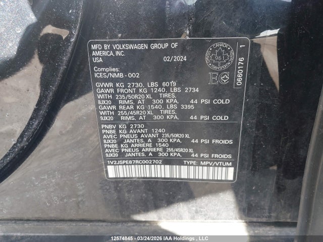 12574845 :رقم المزاد ، 1V2JSPE87RC002702 vin ، 2024 Volkswagen Id.4 Pro S مزاد بيع