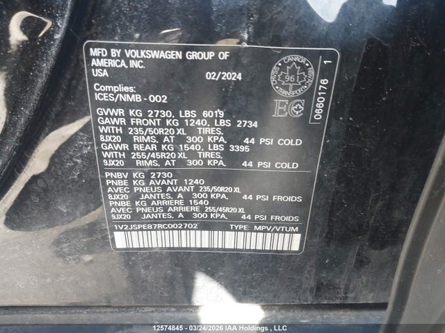 12574845 :رقم المزاد ، 1V2JSPE87RC002702 vin ، 2024 Volkswagen Id.4 Pro S مزاد بيع