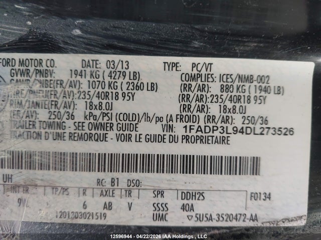 2013 Ford Focus St St მანქანა იყიდება აუქციონზე, vin: 1FADP3L94DL273526, აუქციონის ნომერი: 12596944