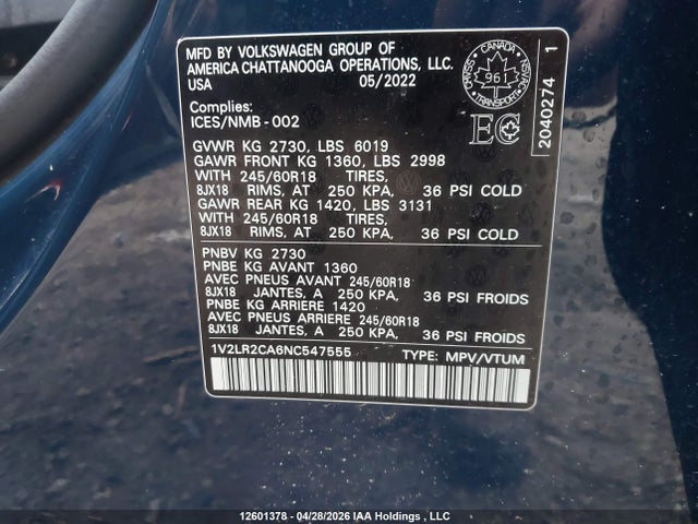 Aukcja sprzedaży 2022 Volkswagen Atlas 3.6 Fsi Comfortline, vin: 1V2LR2CA6NC547555, numer aukcji: 12601378
