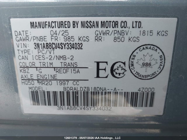 12601379 :رقم المزاد ، 3N1AB8CV4SY334032 vin ، 2025 Nissan Sentra Sv مزاد بيع