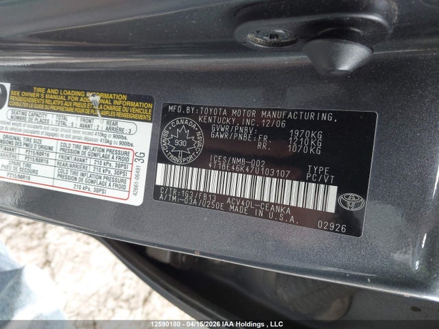 2007 Toyota Camry Le/se მანქანა იყიდება აუქციონზე, vin: 4T1BE46K47U103107, აუქციონის ნომერი: 12590180