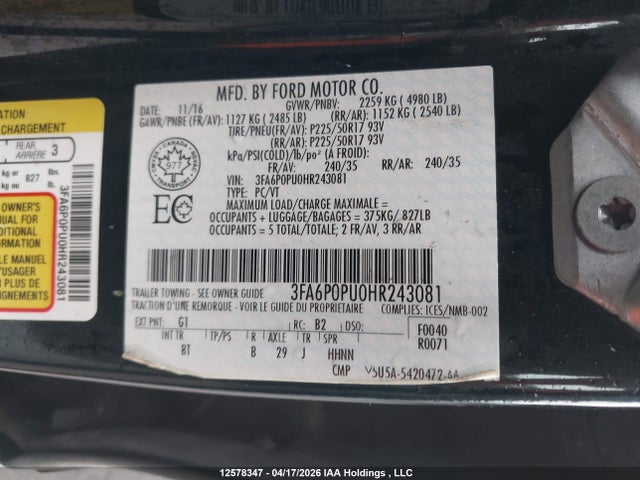 3FA6P0PU0HR243081 Ford Fusion Energi Se Luxury