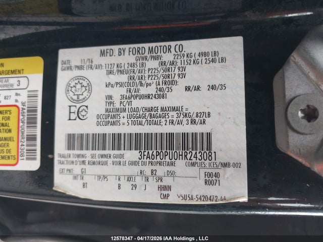 3FA6P0PU0HR243081 Ford Fusion Energi Se Luxury
