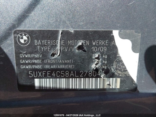 12591078 :رقم المزاد ، 5UXFE4C58AL278041 vin ، 2010 Bmw X5 Xdrive30i مزاد بيع