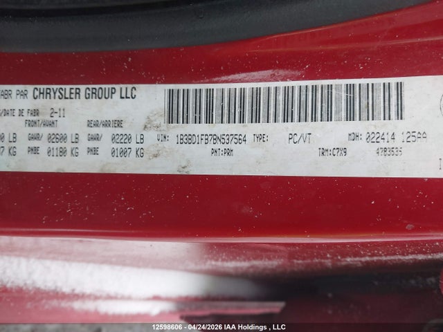 12598606 :رقم المزاد ، 1B3BD1FB7BN537564 vin ، 2011 Dodge Avenger Sxt مزاد بيع