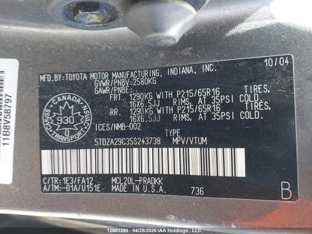 2005 Toyota Sienna Ce მანქანა იყიდება აუქციონზე, vin: 5TDZA29C35S243738, აუქციონის ნომერი: 12601390