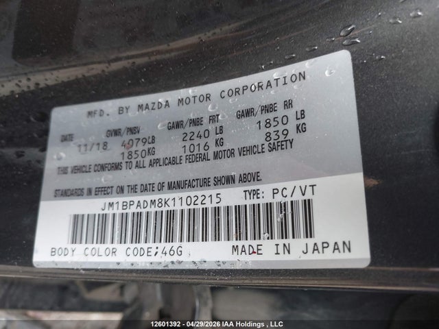 12601392 :رقم المزاد ، JM1BPADM8K1102215 vin ، 2019 Mazda Mazda3 Gt مزاد بيع