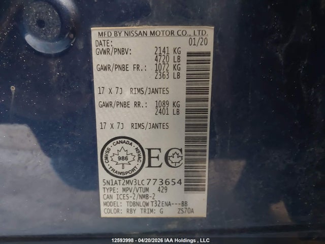 5N1AT2MV3LC773654 Nissan Rogue S/sl/sv
