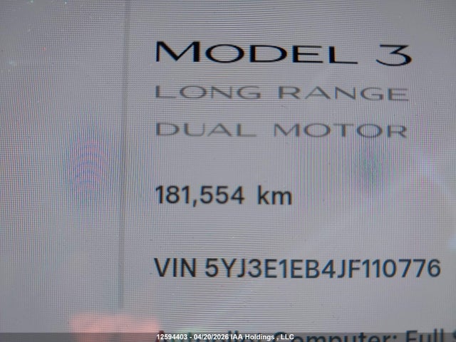 Aukcja sprzedaży 2018 Tesla Model 3 Long Range/performance, vin: 5YJ3E1EB4JF110776, numer aukcji: 12594403