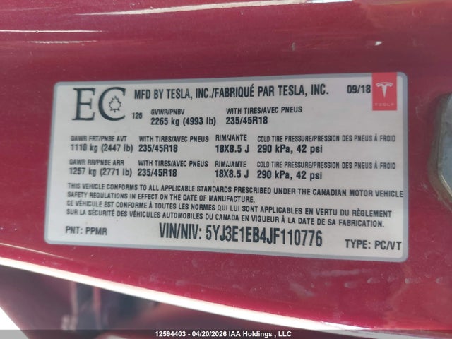 Aukcja sprzedaży 2018 Tesla Model 3 Long Range/performance, vin: 5YJ3E1EB4JF110776, numer aukcji: 12594403