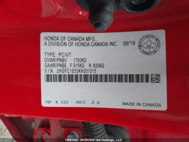 2019 Honda Civic Si Si მანქანა იყიდება აუქციონზე, vin: 2HGFC1E53KH201015, აუქციონის ნომერი: 12601402
